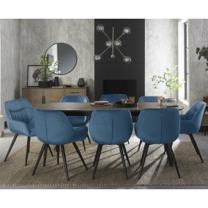 Bentley Designs Vintage Weathered Oak 6-8 Seater Oval Dining Table with 8 Dali Petrol Blue Velvet Fabric Chairs Bentley Designs Vintage Weathered Oak 6-8 Seater Oval Dining Table with 8 Dali Petrol Blue Velvet Fabric Chairs