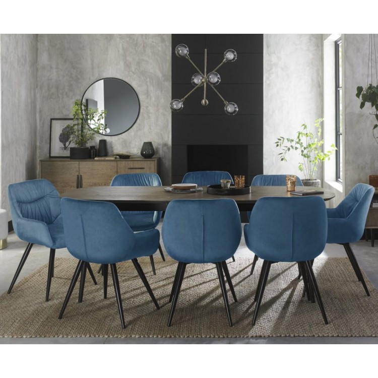 Bentley Designs Vintage Weathered Oak 6-8 Seater Oval Dining Table with 8 Dali Petrol Blue Velvet Fabric Chairs