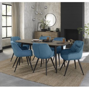 Bentley Designs Vintage Weathered Oak 6 Seater Oval Dining Table with 6 Dali Petrol Blue Velvet Fabric Chairs Bentley Designs Vintage Weathered Oak 6 Seater Oval Dining Table with 6 Dali Petrol Blue Velvet Fabric Chairs