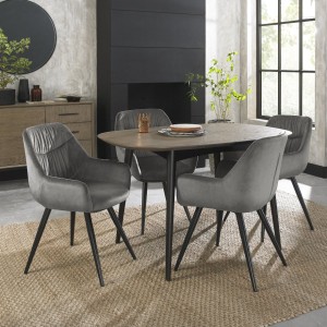 Bentley Designs Vintage Weathered Oak 4 Seater Oval Dining Table with 4 Dali Grey Velvet  Fabric Chairs Bentley Designs Vintage Weathered Oak 4 Seater Oval Dining Table with 4 Dali Grey Velvet  Fabric Chairs