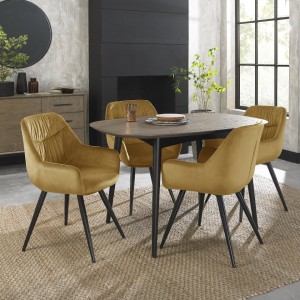 Bentley Designs Vintage Weathered Oak 4 Seater Oval Dining Table with 4 Dali Mustard Velvet  Fabric Chairs Bentley Designs Vintage Weathered Oak 4 Seater Oval Dining Table with 4 Dali Mustard Velvet  Fabric Chairs