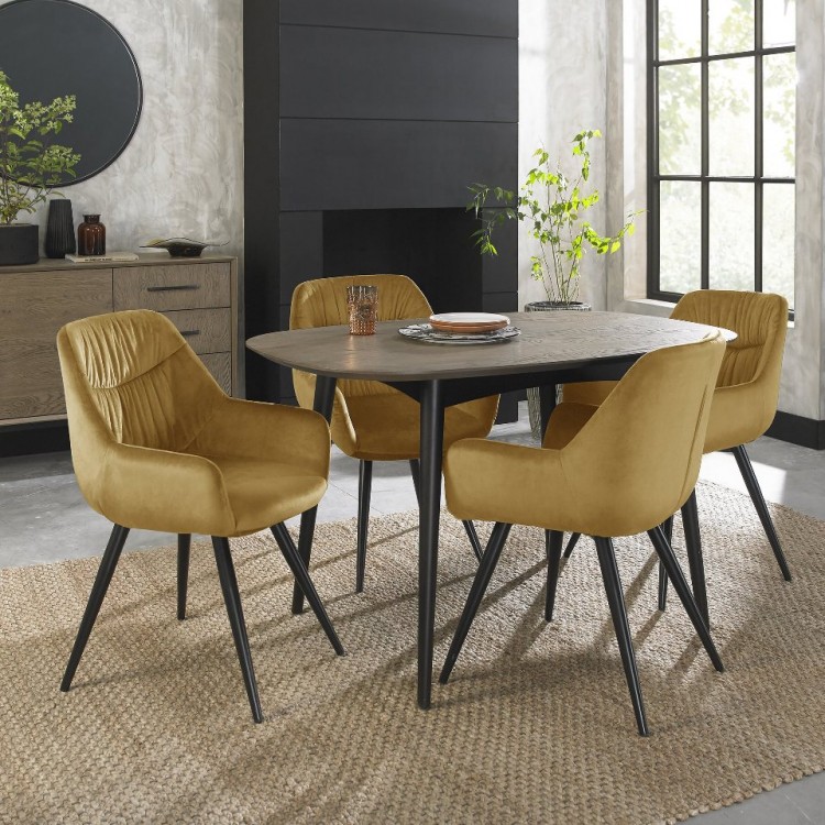 Bentley Designs Vintage Weathered Oak 4 Seater Oval Dining Table with 4 Dali Mustard Velvet  Fabric Chairs