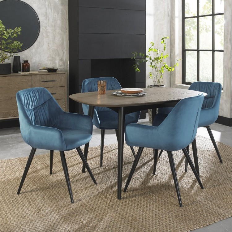 Bentley Designs Vintage Weathered Oak 4 Seater Oval Dining Table with 4 Dali Petrol Blue Velvet  Fabric Chairs