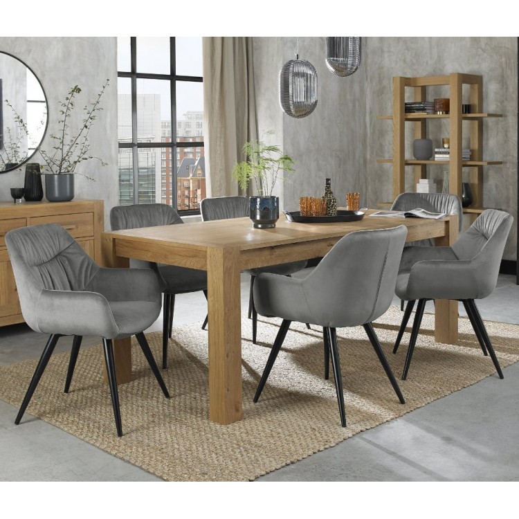 Bentley Designs Turin Light Oak Large 6-8 Seater Rectangular Dining Table With 6 Dali Grey Velvet Fabric Chairs