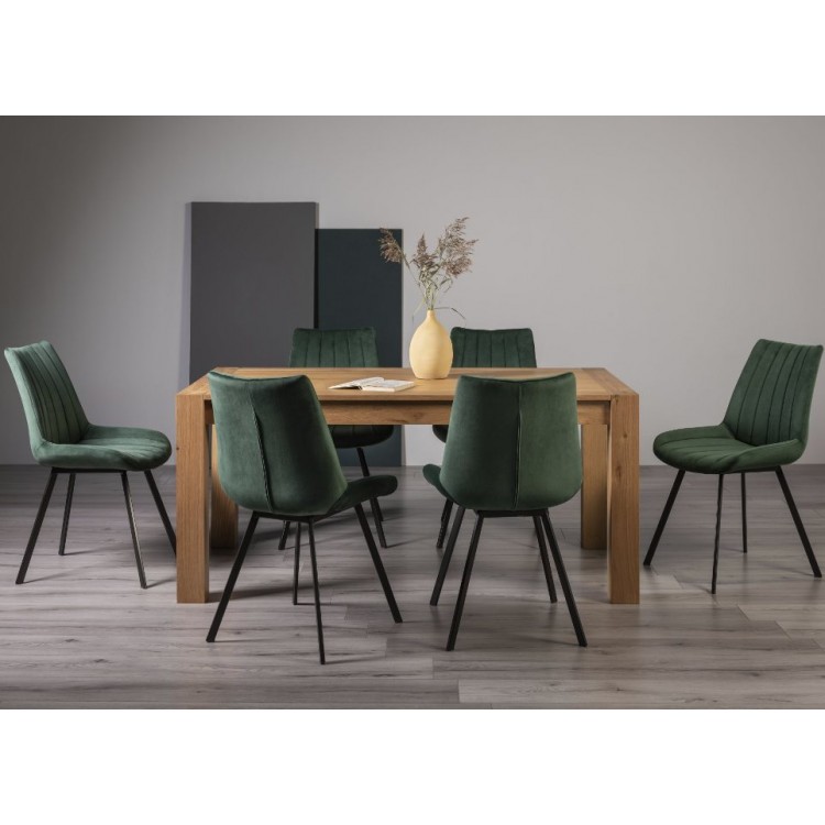 Bentley Designs Turin Light Oak 6 Seater Dining Table With 6 Fontana Green Velvet Fabric Chairs