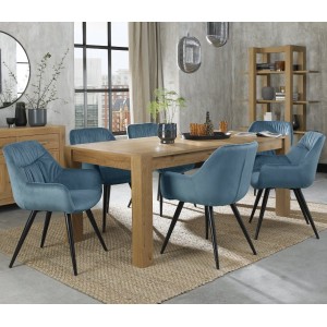 Bentley Designs Turin Light Oak Large 6-8 Seater Rectangular Dining Table With 6 Dali Petrol blue Velvet Fabric Chairs Bentley Designs Turin Light Oak Large 6-8 Seater Rectangular Dining Table With 6 Dali Petrol blue Velvet Fabric Chairs