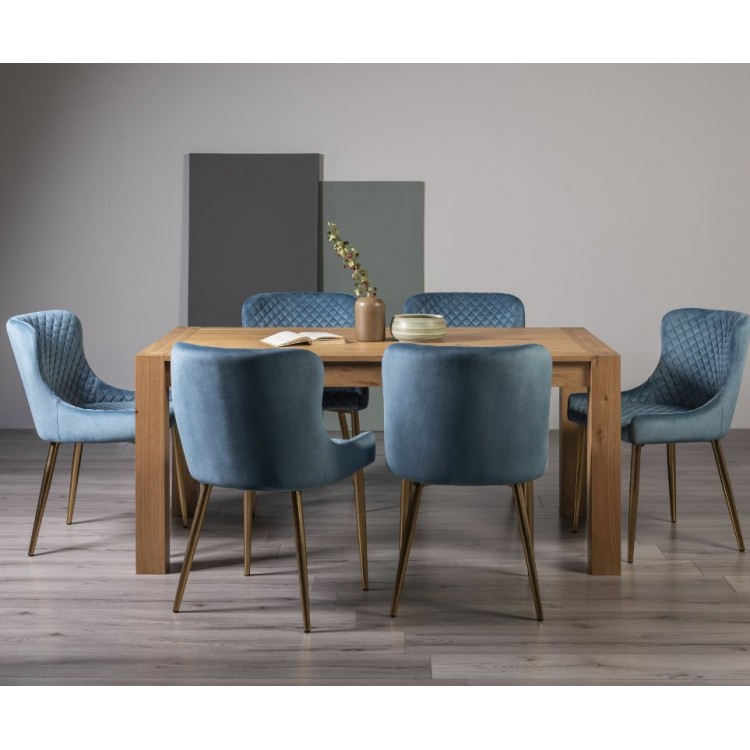 Bentley Designs Turin Light Oak 6 Seater Dining Table With 6 Cezanne Petrol Blue Velvet Gold Plated Legs Chairs
