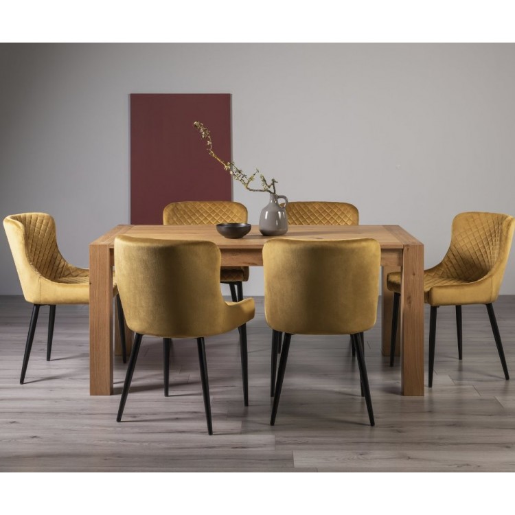 Bentley Designs Turin Light Oak 6 Seater Dining Table With 6 Cezanne Mustard Velvet Fabric Chairs