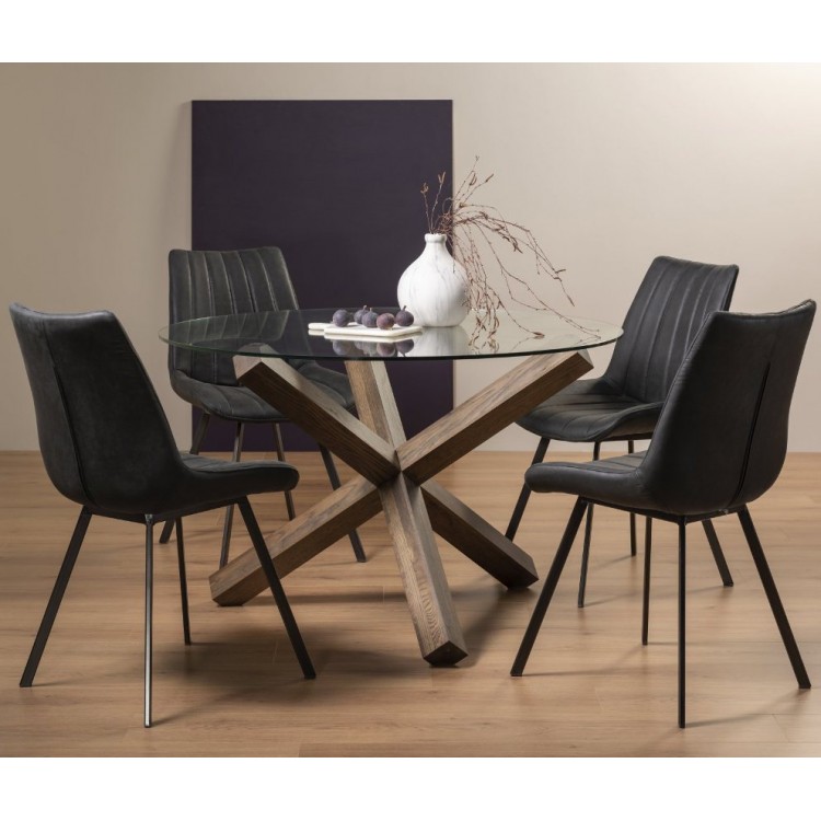 Bentley Deigns Turin Clear Tempered Glass 4 Seater Dark Oak Legs Dining Table With 4 Fontana Dark Grey Faux Suede Fabric Chairs