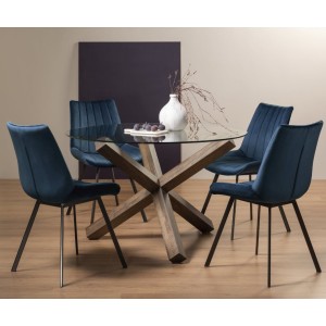Bentley Designs Turin Clear Tempered Glass 4 Seater Dark Oak Legs Dining Table With 4 Fontana Blue Velvet Fabric Chairs Bentley Designs Turin Clear Tempered Glass 4 Seater Dark Oak Legs Dining Table With 4 Fontana Blue Velvet Fabric Chairs