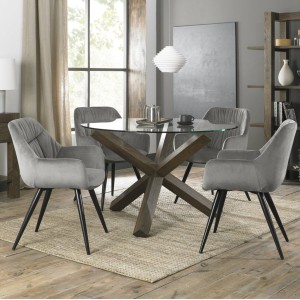 Bentley Designs Turin Clear Tempered Glass 4 Seater Dark Oak Legs Dining Table With 4 Dali Grey Velvet Fabric Chairs Bentley Designs Turin Clear Tempered Glass 4 Seater Dark Oak Legs Dining Table With 4 Dali Grey Velvet Fabric Chairs