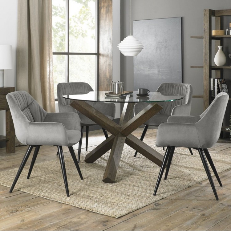 Bentley Designs Turin Clear Tempered Glass 4 Seater Dark Oak Legs Dining Table With 4 Dali Grey Velvet Fabric Chairs