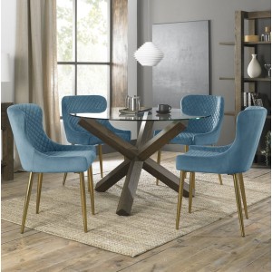 Bentley Deigns Turin Clear 4 Seater Dining Table with 4 Cezanne Petrol Blue Velvet Gold Plated Legs Chairs Bentley Deigns Turin Clear 4 Seater Dining Table with 4 Cezanne Petrol Blue Velvet Gold Plated Legs Chairs