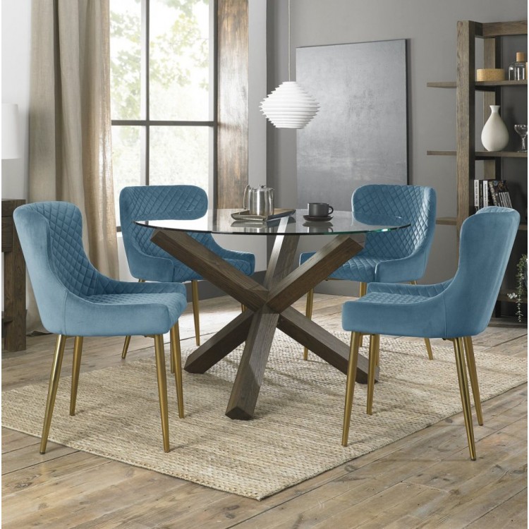 Bentley Deigns Turin Clear 4 Seater Dining Table with 4 Cezanne Petrol Blue Velvet Gold Plated Legs Chairs