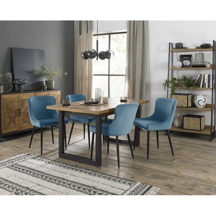 Bentley Designs Indus Rustic Oak 4-6 Seater Dining Table With 4 Cezanne Petrol Blue Velvet Fabric Chairs