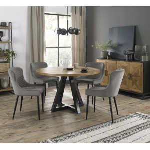 Bentley Designs Indus Rustic Oak 4 Seater Round Dining Table With 4 Cezanne Grey Velvet Fabric Chairs Bentley Designs Indus Rustic Oak 4 Seater Round Dining Table With 4 Cezanne Grey Velvet Fabric Chairs