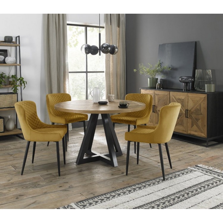 Bentley Designs Indus Rustic Oak 4 Seater Round Dining Table With 4 Cezanne Mustard Velvet Fabric Chairs