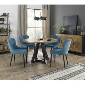 Bentley Designs Indus Rustic Oak 4 Seater Round Dining Table With 4 Cezanne Petrol Blue Velvet Fabric Chairs Bentley Designs Indus Rustic Oak 4 Seater Round Dining Table With 4 Cezanne Petrol Blue Velvet Fabric Chairs