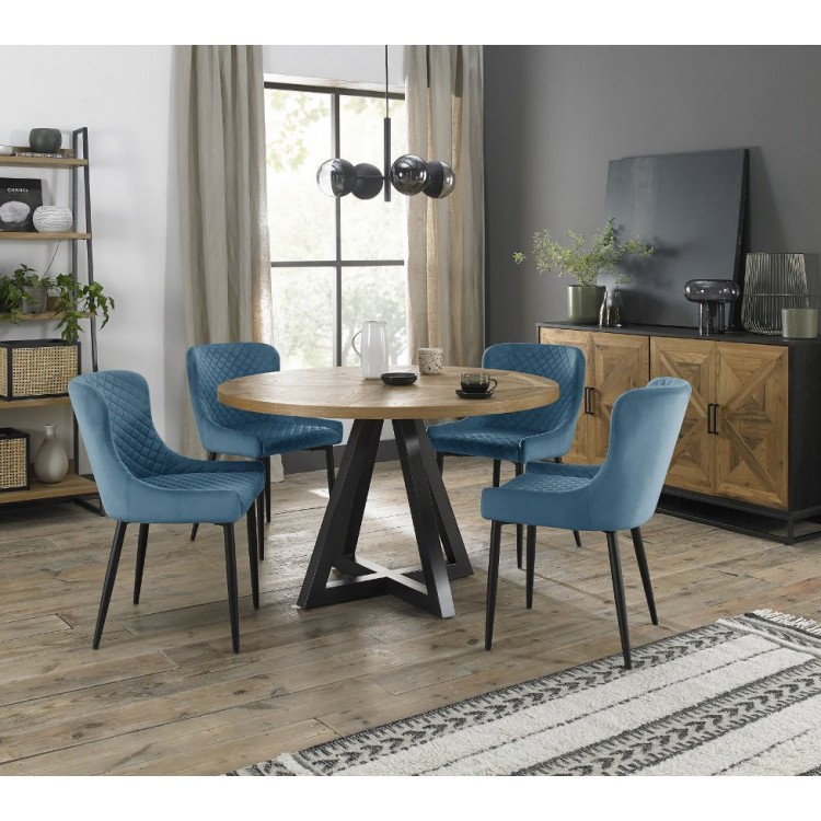 Bentley Designs Indus Rustic Oak 4 Seater Round Dining Table With 4 Cezanne Petrol Blue Velvet Fabric Chairs