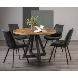 Bentley Designs Indus Rustic Oak 4 Seater Round Dining Table With 4 Fontana Dark Grey Faux Suede Fabric Chairs Bentley Designs Indus Rustic Oak 4 Seater Round Dining Table With 4 Fontana Dark Grey Faux Suede Fabric Chairs