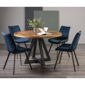 Bentley Designs Indus Rustic Oak 4 Seater Round Dining Table With 4 Fontana Blue Velvet Fabric Chairs Bentley Designs Indus Rustic Oak 4 Seater Round Dining Table With 4 Fontana Blue Velvet Fabric Chairs