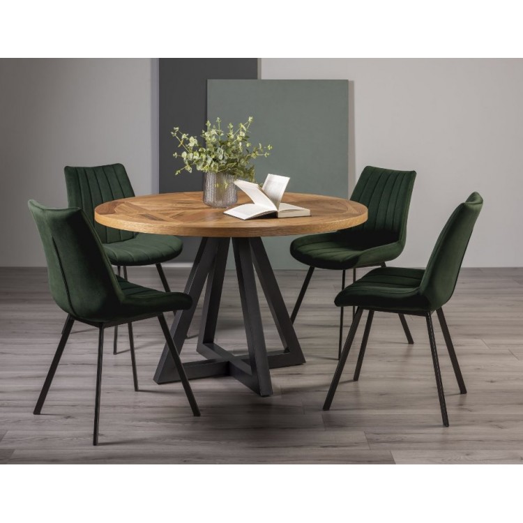 Bentley Designs Indus Rustic Oak 4 Seater Round Dining Table With 4 Fontana Green Velvet Fabric Chairs