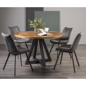 Bentley Designs Indus Rustic Oak 4 Seater Round Dining Table With 4 Fontana Grey Velvet Fabric Chairs Bentley Designs Indus Rustic Oak 4 Seater Round Dining Table With 4 Fontana Grey Velvet Fabric Chairs