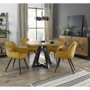 Bentley Designs Indus Rustic Oak 4 Seater Round Dining Table With 4 Dali Mustard Velvet Fabric Chairs Bentley Designs Indus Rustic Oak 4 Seater Round Dining Table With 4 Dali Mustard Velvet Fabric Chairs