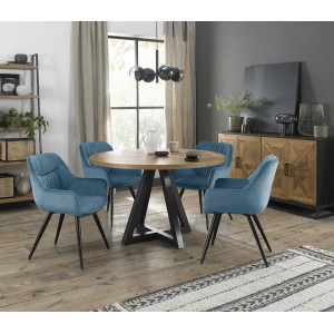 Bentley Designs Indus Rustic Oak 4 Seater Round Dining Table With 4 Dali Petrol Blue Velvet Fabric Chairs Bentley Designs Indus Rustic Oak 4 Seater Round Dining Table With 4 Dali Petrol Blue Velvet Fabric Chairs