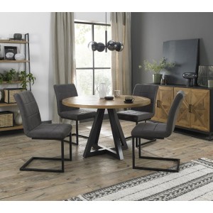 Bentley Designs Indus Rustic Oak 4 Seater Round Dining Table With 4 Lewis Dark Grey Fabric Cantilever Chairs