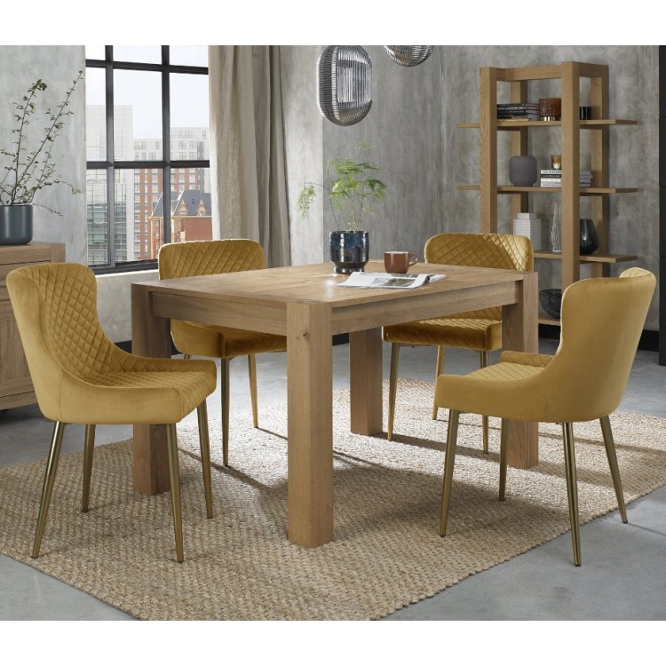 Bentley Designs Turin Light Oak 4-6 Seater Dining Table With 4 Cezanne Mustard Velvet Fabric Gold Plated Chairs