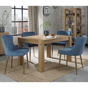 Bentley Designs Turin Light Oak 4-6 Seater Dining Table With 4 Cezanne Petrol Blue Velvet Fabric Gold Plated Chairs Bentley Designs Turin Light Oak 4-6 Seater Dining Table With 4 Cezanne Petrol Blue Velvet Fabric Gold Plated Chairs