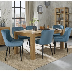 Bentley Designs Turin Light Oak 6-8 Seater Rectangular Dining Table With 6 Cezanne Petrol Blue Velvet Fabric Chairs Bentley Designs Turin Light Oak 6-8 Seater Rectangular Dining Table With 6 Cezanne Petrol Blue Velvet Fabric Chairs