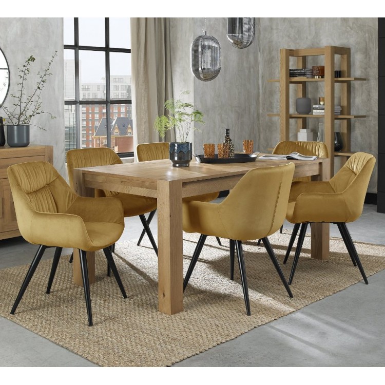 Bentley Designs Turin Light Oak 6-8 Seater Rectangular Dining Table With 6 Dali Mustard Velvet Fabric Chairs