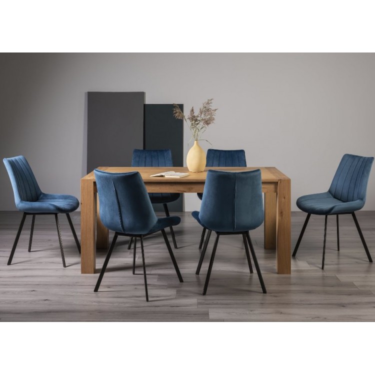 Bentley Designs Turin Light Oak 6-8 Seater Rectangular Dining Table With 6 Fontana Blue Velvet Fabric Chairs