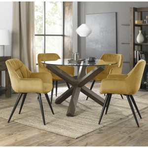 Bentley Designs Turin Clear Tempered Glass 4 Seater Dark Oak Legs Dining Table With 4 Dali Mustard Velvet Fabric Chairs Bentley Designs Turin Clear Tempered Glass 4 Seater Dark Oak Legs Dining Table With 4 Dali Mustard Velvet Fabric Chairs
