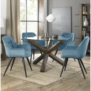 Bentley Designs Turin Clear Tempered Glass 4 Seater Dark Oak Legs Dining Table With 4 Dali Petrol Blue Velvet Fabric Chairs Bentley Designs Turin Clear Tempered Glass 4 Seater Dark Oak Legs Dining Table With 4 Dali Petrol Blue Velvet Fabric Chairs