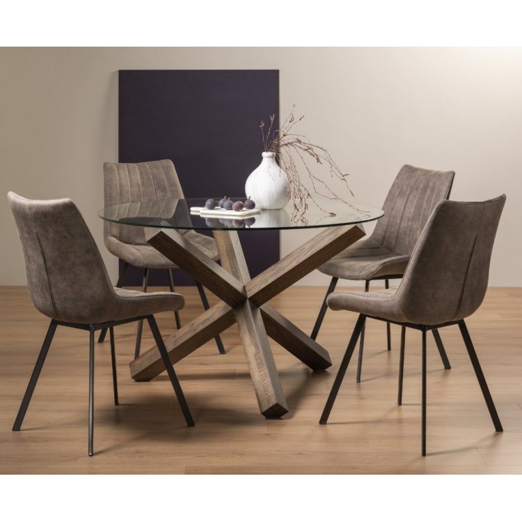 Bentley Designs Turin Clear Tempered Glass 4 Seater Dark Oak Legs Dining Table With 4 Fontana Tan Faux Suede Fabric Chairs