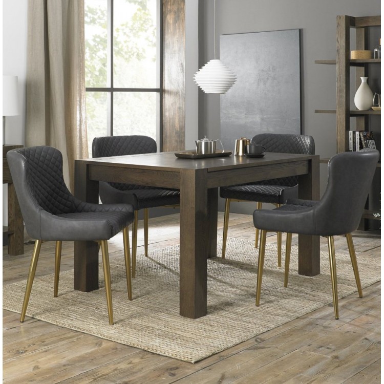 Bentley Designs Turin Dark Oak Furniture 4 to 6 Rectangular Dining Table With 4 Cezanne Dark Grey Faux Matt Gold Plated Legs Chairs