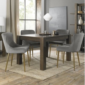 Bentley Designs Turin Dark Oak 4-6 Seater Dining Table With 4 Cezanne Grey Velvet Matt Gold Plated Legs Chairs Bentley Designs Turin Dark Oak 4-6 Seater Dining Table With 4 Cezanne Grey Velvet Matt Gold Plated Legs Chairs