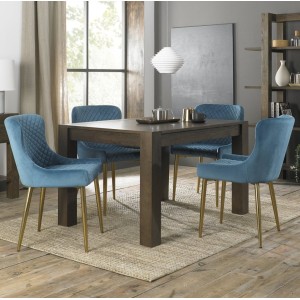 Bentley Designs Turin Dark Oak 4-6 Seater Dining Table With 4 Cezanne Petrol Blue Velvet Matt Gold Plated Legs Chairs Bentley Designs Turin Dark Oak 4-6 Seater Dining Table With 4 Cezanne Petrol Blue Velvet Matt Gold Plated Legs Chairs