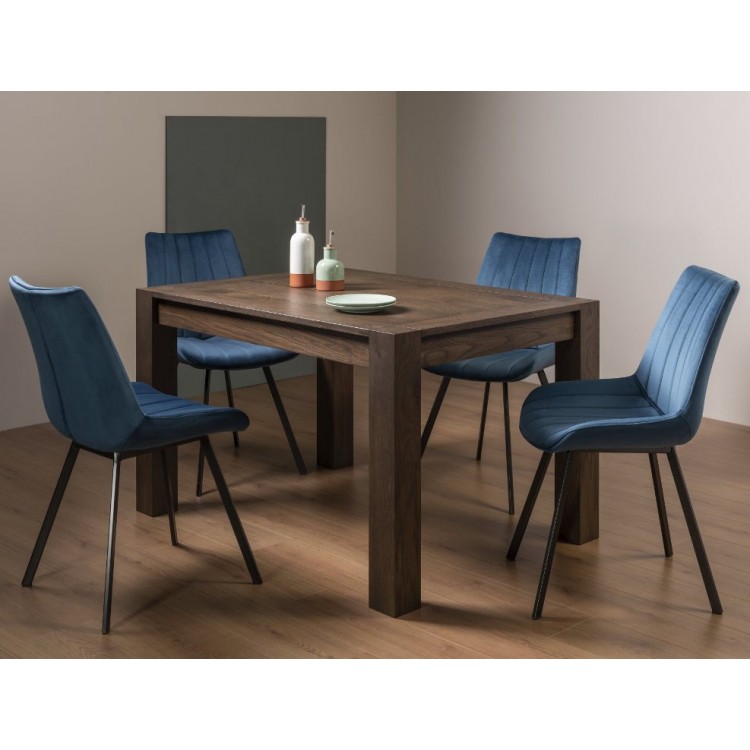 Bentley Designs Turin Dark Oak 4-6 Seater Dining Table With 4 Fontana Blue Velvet Fabric Chairs