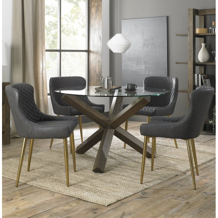 Bentley Deigns Turin Clear 4 Seater Dining Table with 4 Cezanne Dark Grey Faux Matt Gold Plated Legs Chairs