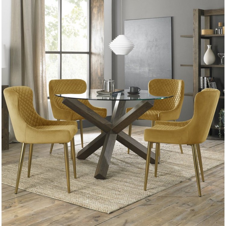 Bentley Deigns Turin Clear 4 Seater Dining Table with 4 Cezanne Mustard Velvet Gold Plated Legs Chairs