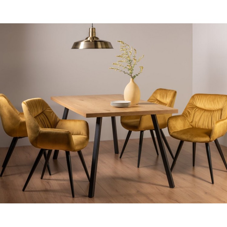 Bentley Designs Ramsay Rustic Oak Effect Melamine 6 Seater Dining Table With 4 Dali Mustard Velvet Fabric Chairs