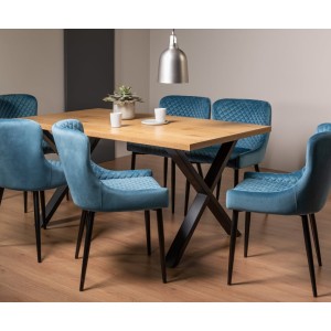 Bentley Designs Ramsay Rustic Oak Effect Melamine 6 Seater X Leg Dining Table With 6 Cezanne Petrol blue Velvet Fabric Chairs Bentley Designs Ramsay Rustic Oak Effect Melamine 6 Seater X Leg Dining Table With 6 Cezanne Petrol blue Velvet Fabric Chairs