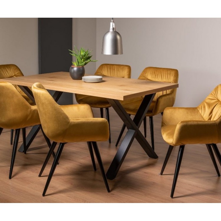 Bentley Designs Ramsay Rustic Melamine 6 Seater X Leg  Dining Table With 6 Dali Mustard Velvet Fabric Chairs