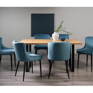 Bentley Designs Ramsay Rustic Oak Effect Melamine 6 Seater U Leg Dining Table with 6 Cezanne Petrol Blue Velvet Fabric Chairs Bentley Designs Ramsay Rustic Oak Effect Melamine 6 Seater U Leg Dining Table with 6 Cezanne Petrol Blue Velvet Fabric Chairs