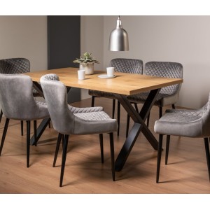 Bentley Designs Ramsay Rustic Oak Effect Melamine 6 Seater X Leg Dining Table With 6 Cezanne Grey Velvet Fabric Chairs Bentley Designs Ramsay Rustic Oak Effect Melamine 6 Seater X Leg Dining Table With 6 Cezanne Grey Velvet Fabric Chairs