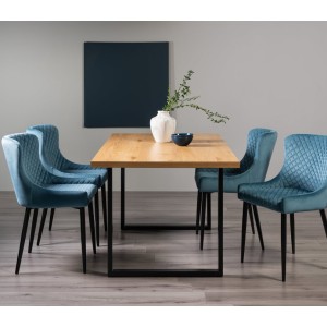 Bentley Designs Ramsay Rustic Oak Effect Melamine 6 Seater U Leg Dining Table with 4 Cezanne Petrol Blue Velvet Fabric Chairs Bentley Designs Ramsay Rustic Oak Effect Melamine 6 Seater U Leg Dining Table with 4 Cezanne Petrol Blue Velvet Fabric Chairs